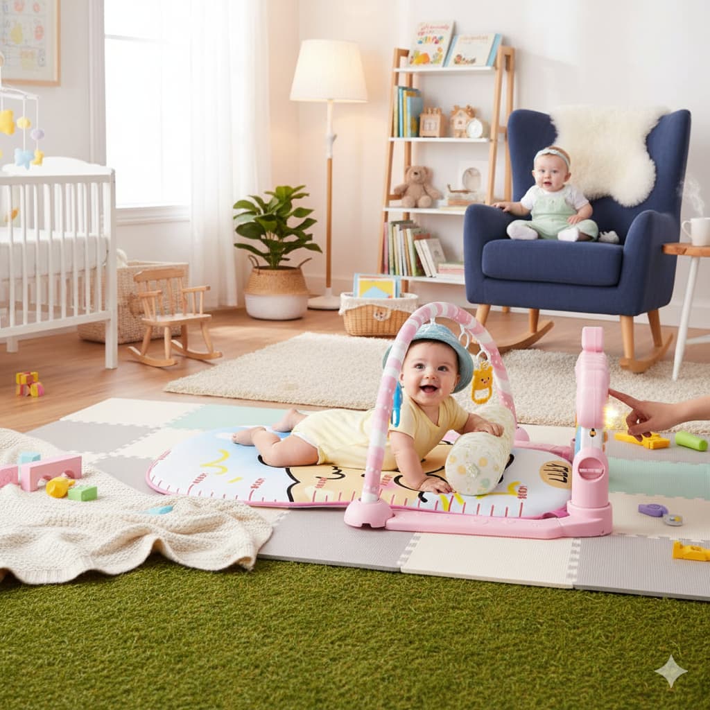 Tapete de Atividades para Bebê com Piano Musical e Brinquedos – Desenvolvimento Motor e Sensorial