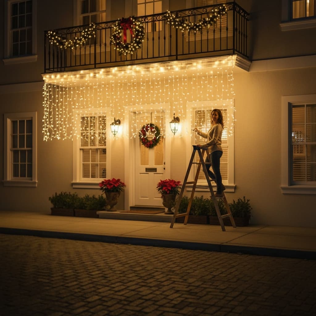 Cascata LED Natalina 240 LEDs Branco Quente 4,3m 8 Funções Decoração