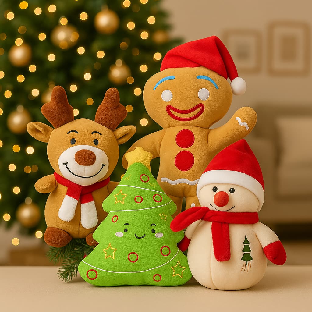 Kit 4 Pelúcias de Natal - Árvore, Boneco de Neve, Rena e Homem Biscoito