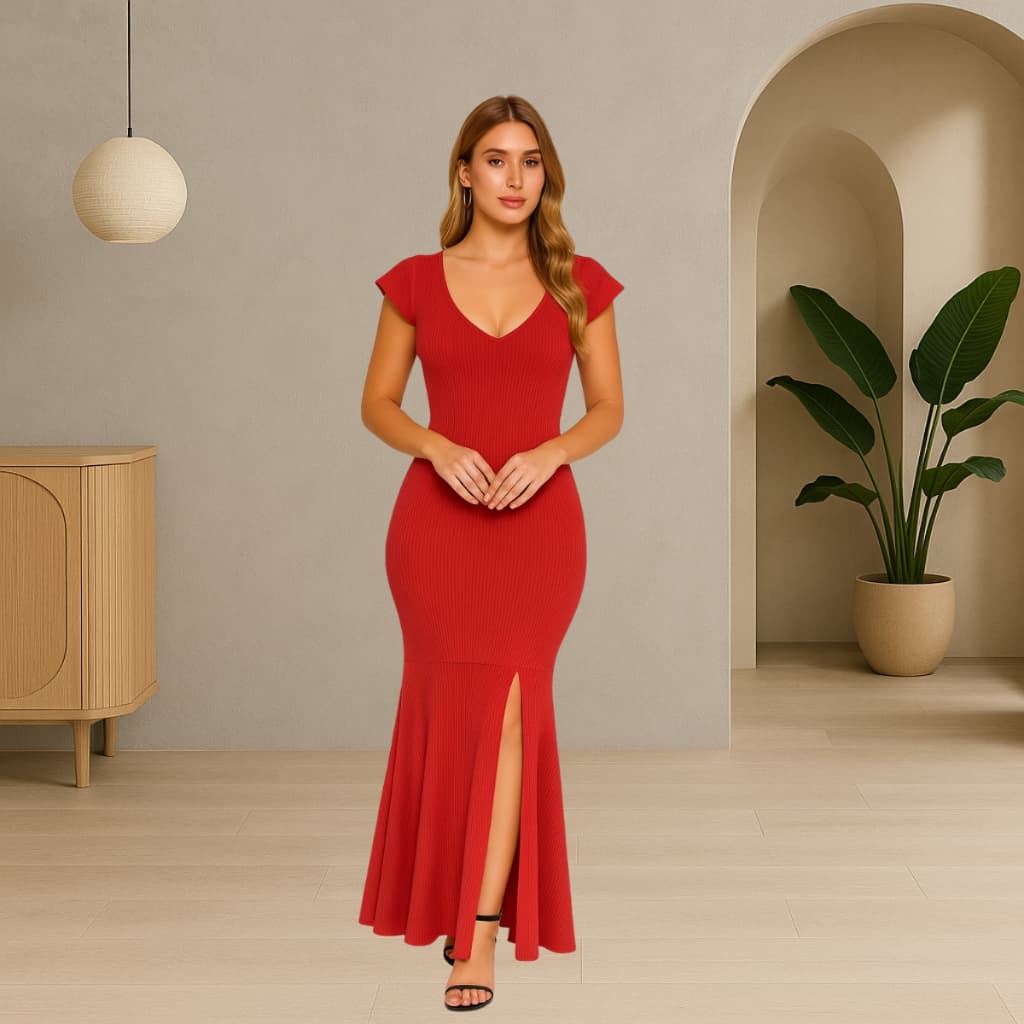 Vestido Feminino Longo Com Fenda Sereia Com Manga Elegante Moda Evangélica Festa
