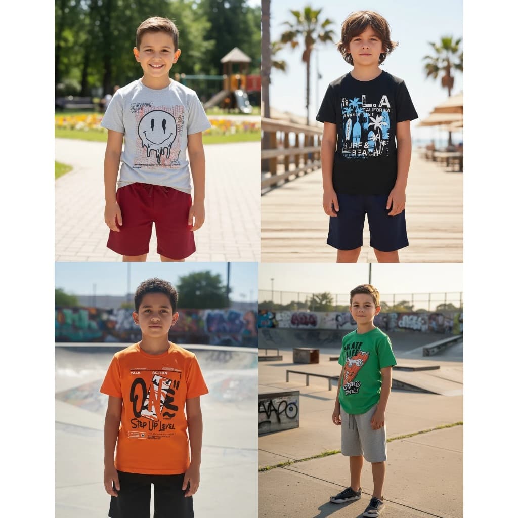 1, 2 ou 3 Conjunto Bermuda Moletom e Camiseta Juvenil Menino 12/14/16