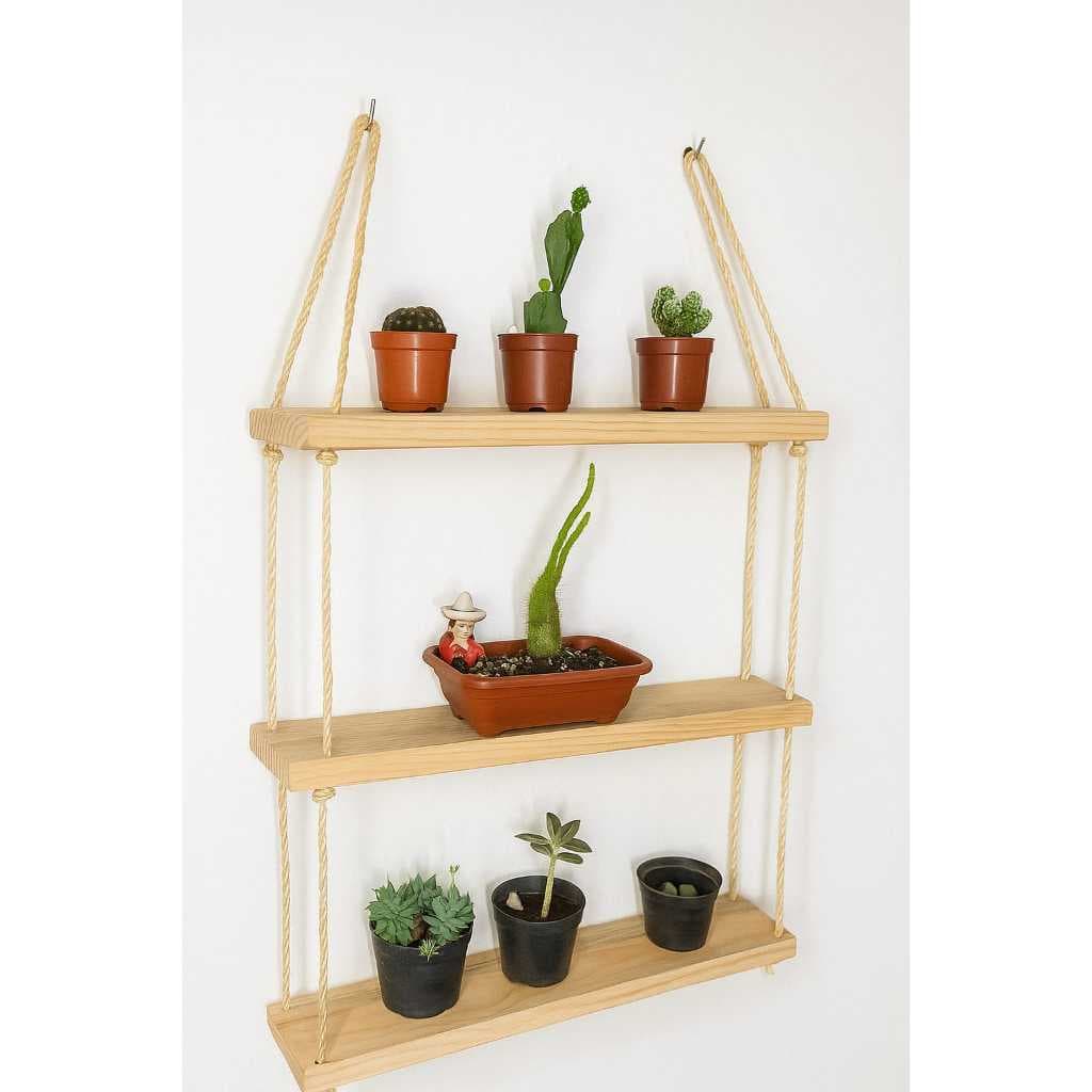 Prateleira Suspensa de Madeira com Corda de Sisal 5mm Rústica Boho para Plantas e Decoração