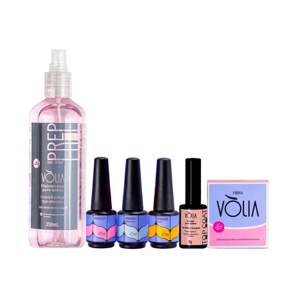 Kit Vòlia Prep 350ml Primer Adesivador Ácido Desidratador Top Coat Fibra De Vidro