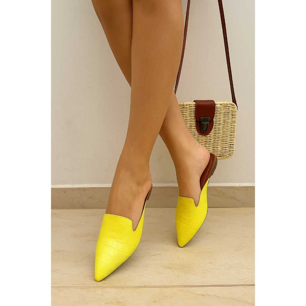 Mule Slingback Croco Amarelo Bico Fino Alongado Luxury