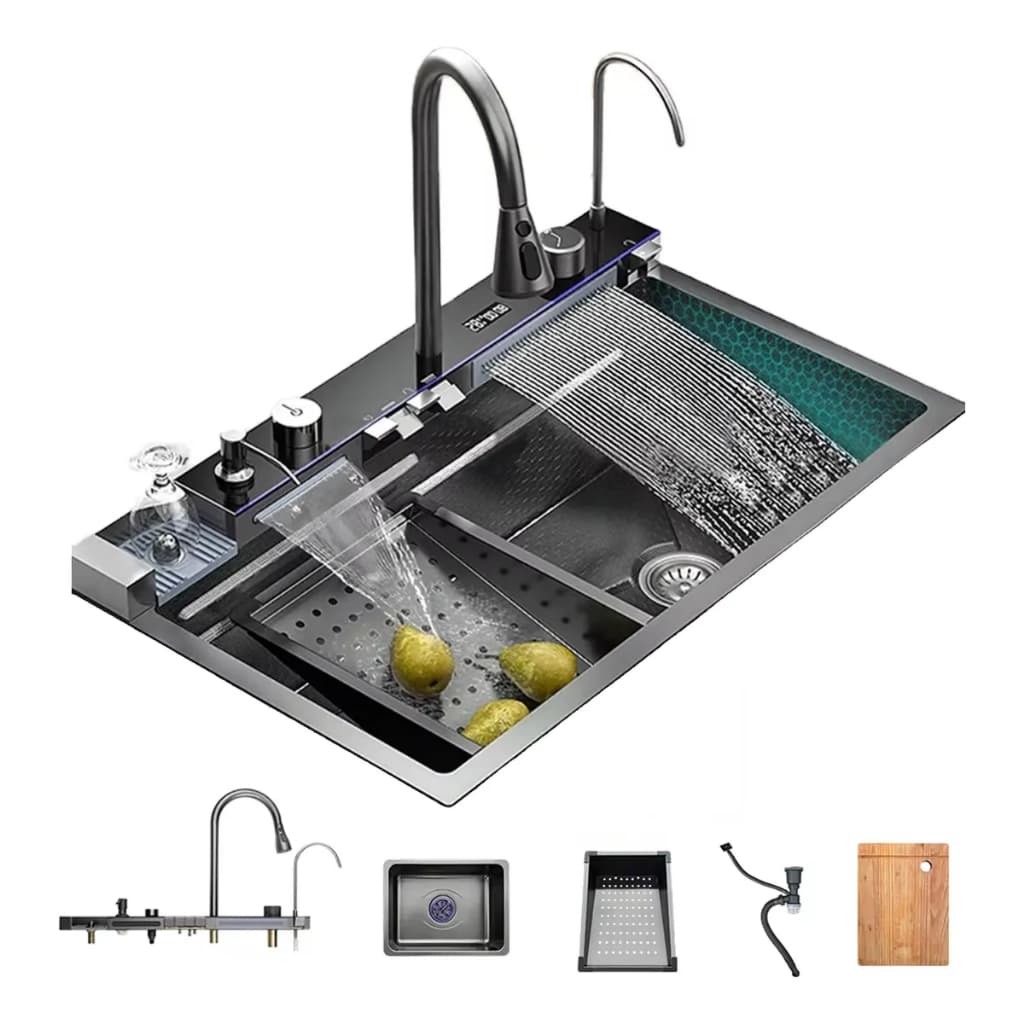 Cuba de Cozinha, Kit Completo com Torneira Gourmet, Dispenser, Tábua, Esguicho de Copos, Estilo Americano - CINZA