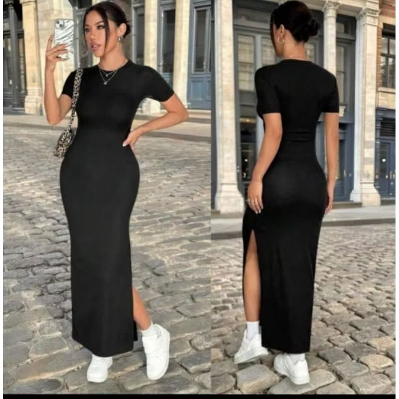 Vestido Manga Curta Longo Casual Gola Redonda Suplex Premium