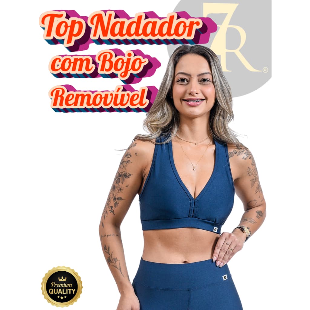 Top Fitness Feminino Nadador com Bojo Removível 7 Regras – Suplex Premium Alta Sustentação Academia