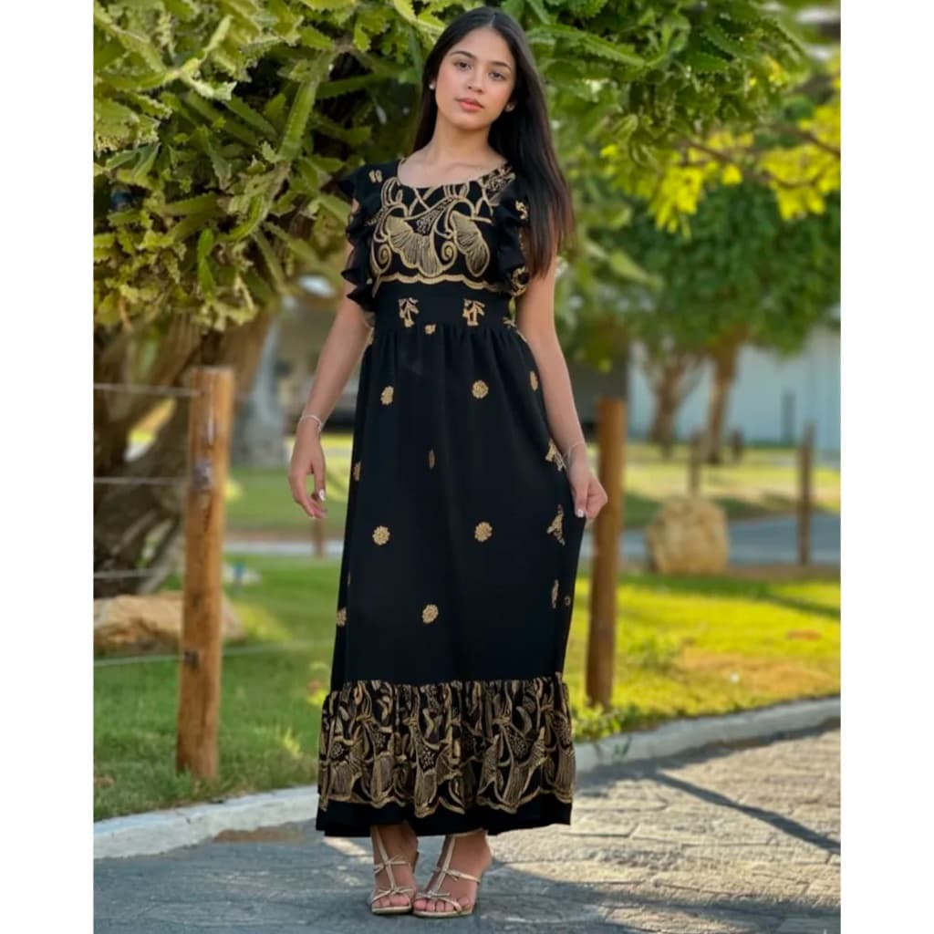 Vestido Longo Feminino Juvenil Bordado - Moda Verão, Tendência Festa, Elegante, Confortável, Casual