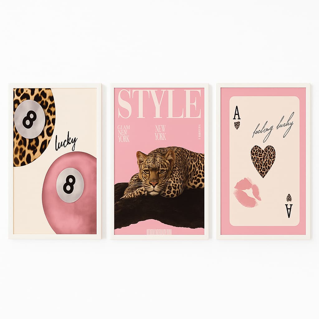 kit Quadro decorativo 3 peças style onça rosa carta ideal para quarto e sala