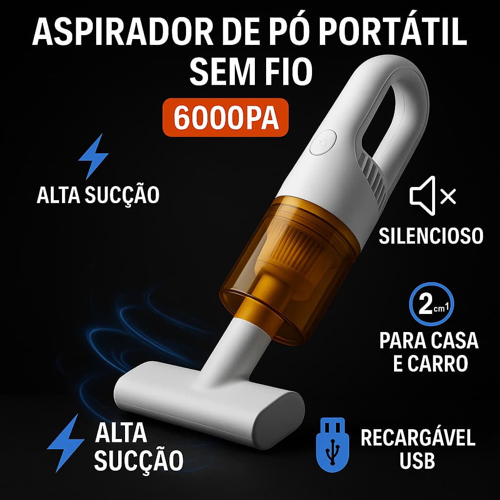 Aspirador de Pó Sem Fio Portátil Recarregável para Casa Carro Sofá Potente Carrega Bivolt via USB