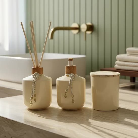 Kit Banheiro Lavabo Sabonete Líquido Aromatizador e Porta Vela 300ml Vidro Decoração Sala Difusor