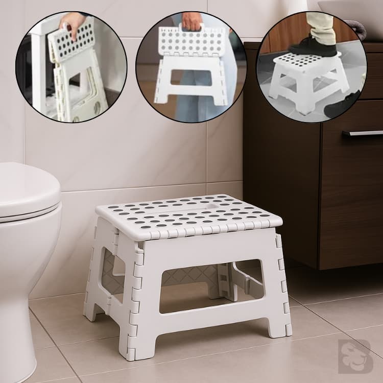 Banqueta Multiuso Retrátil Branca Reforçada 150kg Antiderrapante Banquinho Dobrável