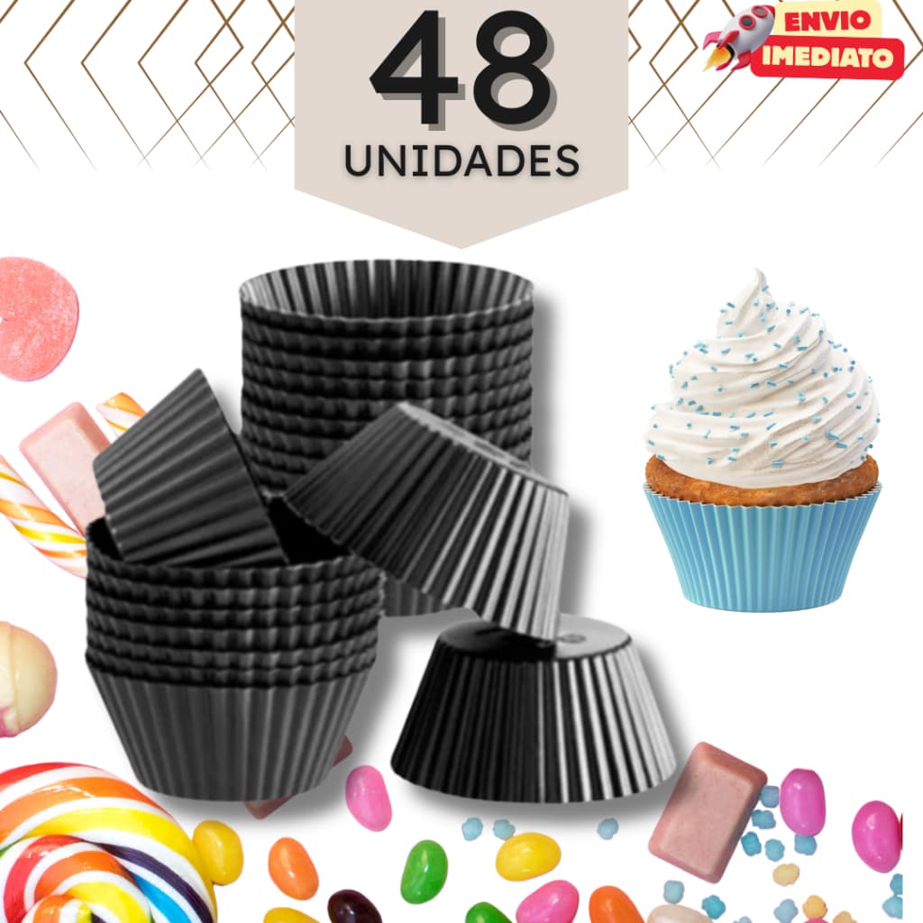 Kit com 24, 36, 48 ou 100 Formas de Silicone Cupcake Forminhas Bolinho Muffin