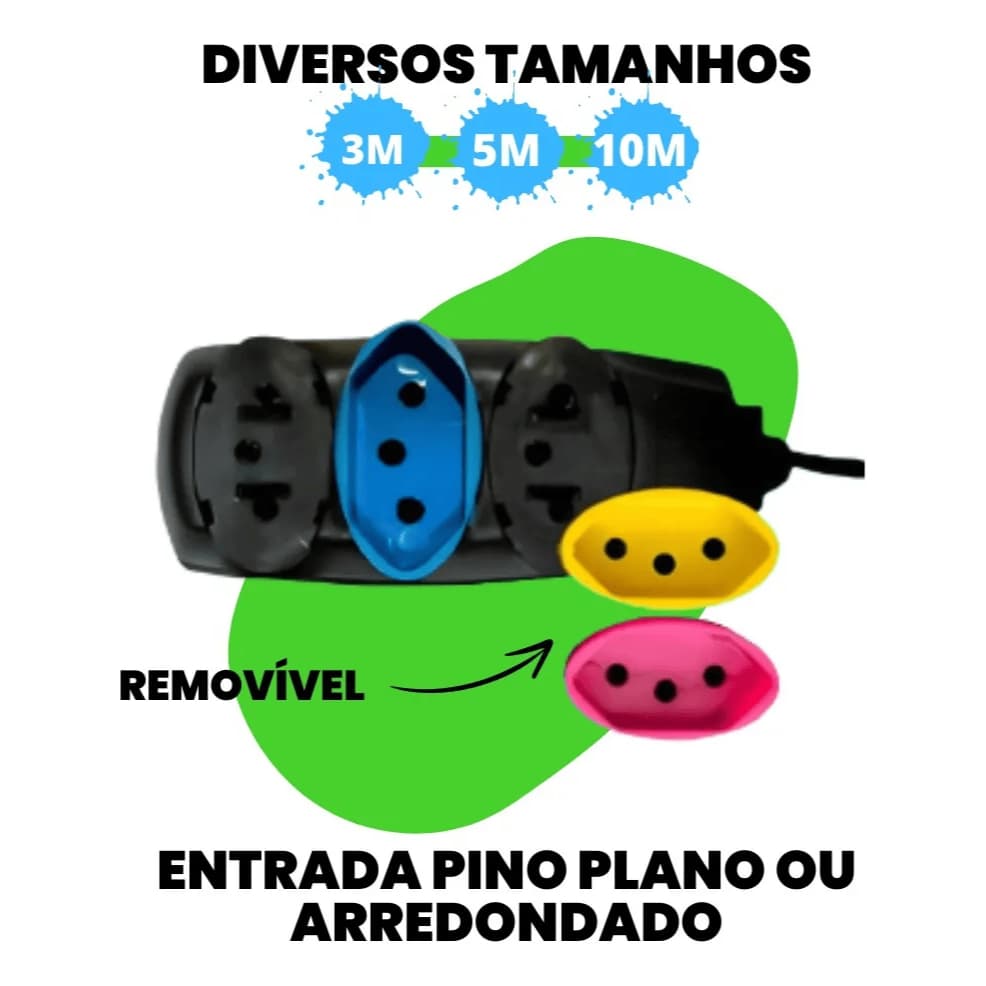 Extensão Elétrica 3 Tomadas Bipolar Cores Sortidas (2/3/5/10 Metros) Kit 10/15/20/25 Unidades