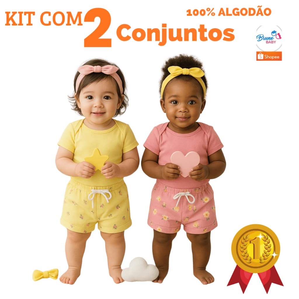 Kit 2 Conjuntos de Bebê Menina Body e Short e Tiara Malha Algodão BRUNO BABY
