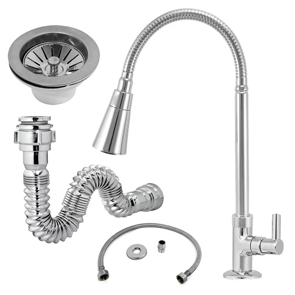 Kit Torneira Gourmet Bancada Cozinha 2 jatos ABS + Engate Flex + Sifão Cromado + Válvula Inox