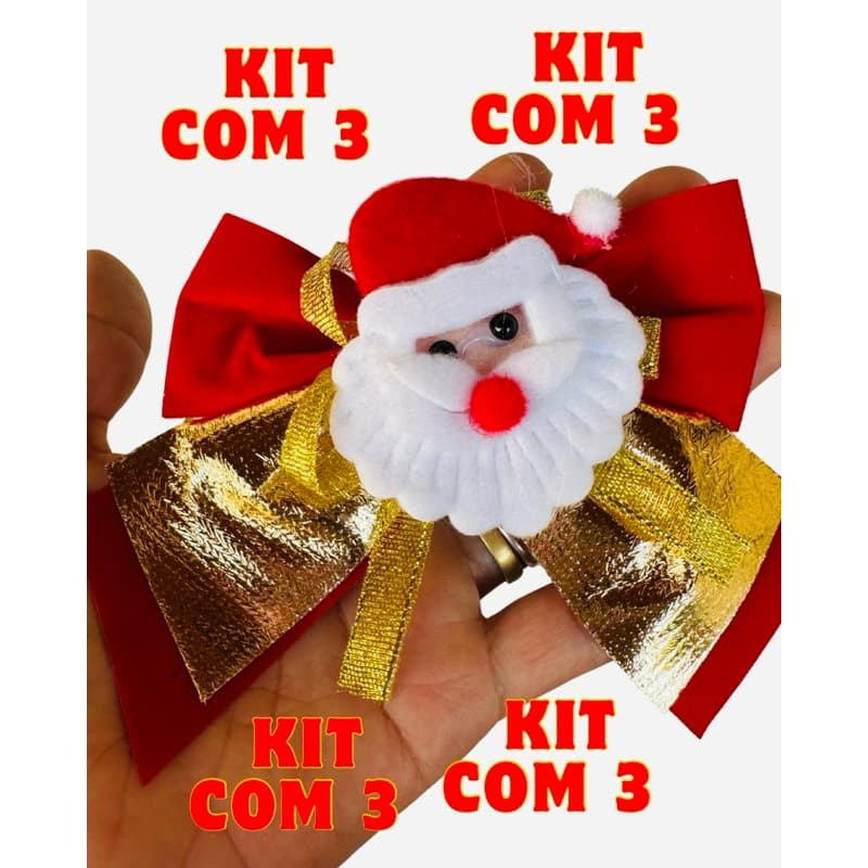 Kit Laços de Natal Natalinos Vermelho e Dourado  com Detalhe de Papai Noel.3 unidades