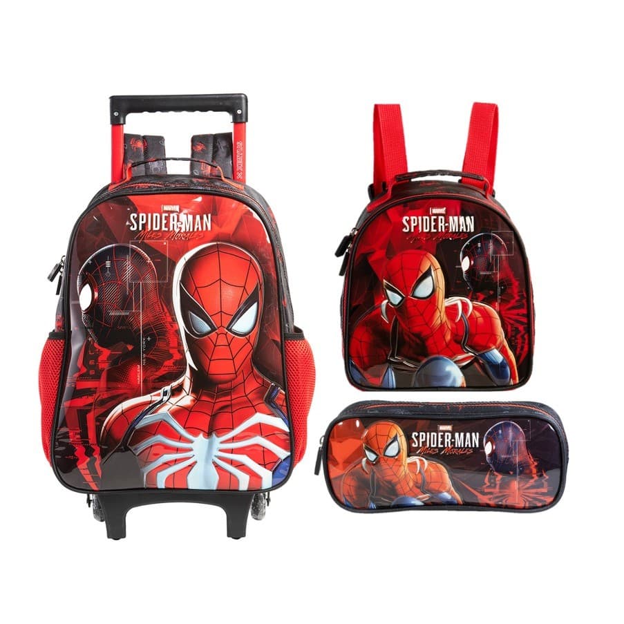 Kit Mochila Rodinha Homem Aranha Lancheira Estojo Duplo 2026 - Preto - Homem Aranha
