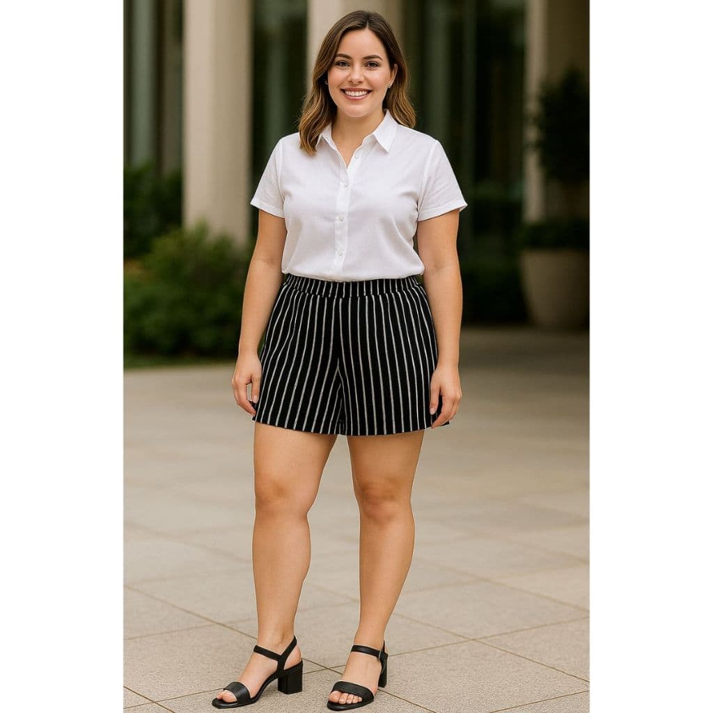 Short Feminino Curto Listrado Soltinho Cintura Alta com Elástico e Bolsos M ao Plus Size Preto e Rosa