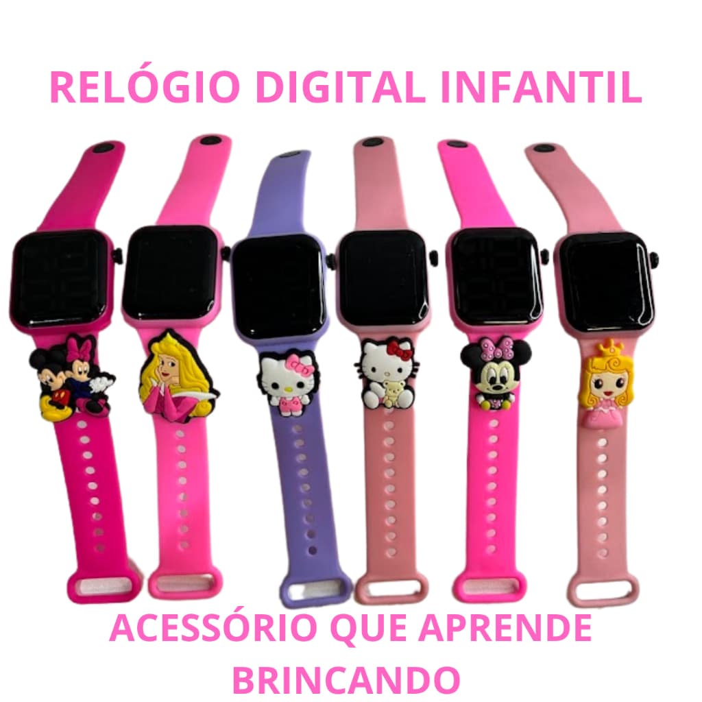 Relógio Digital Led Infantil Feminino Minnie Hello Kitty e Princesas Menina