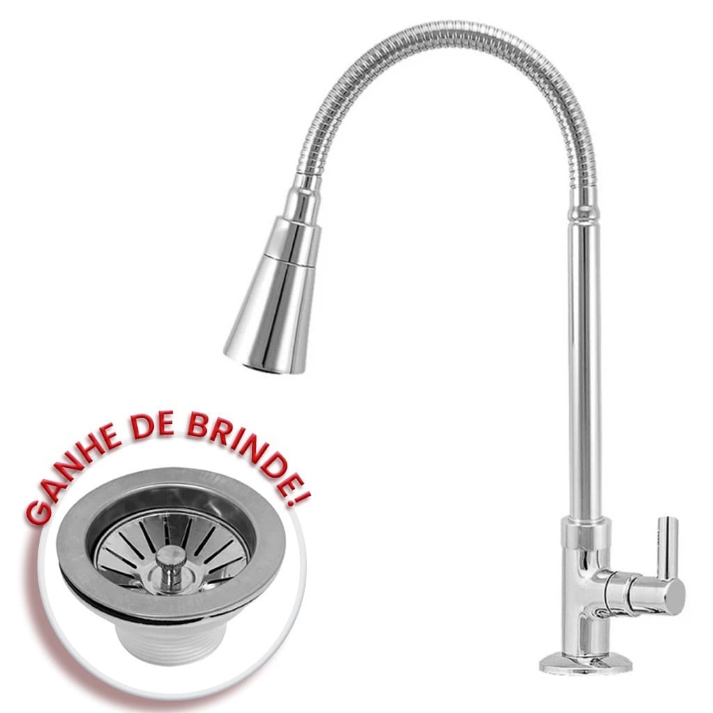 Torneira Cozinha Gourmet Mesa Flexível 2 jatos Cromada + Brinde Válvula Americana Inox