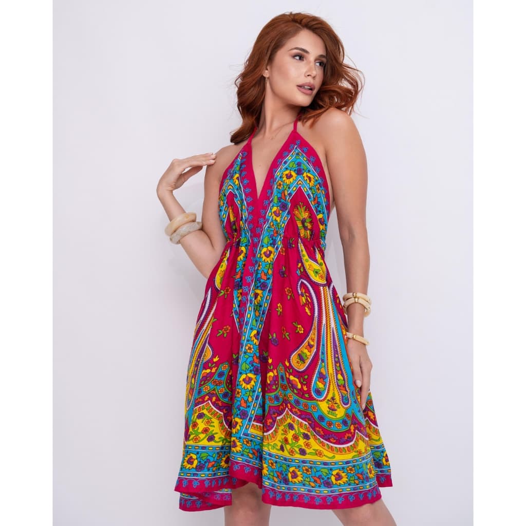 Vestido Feminino Lenço Indiano moda Praia Saida de Praia Vestido Curto Alcinha Verão Costas Nua