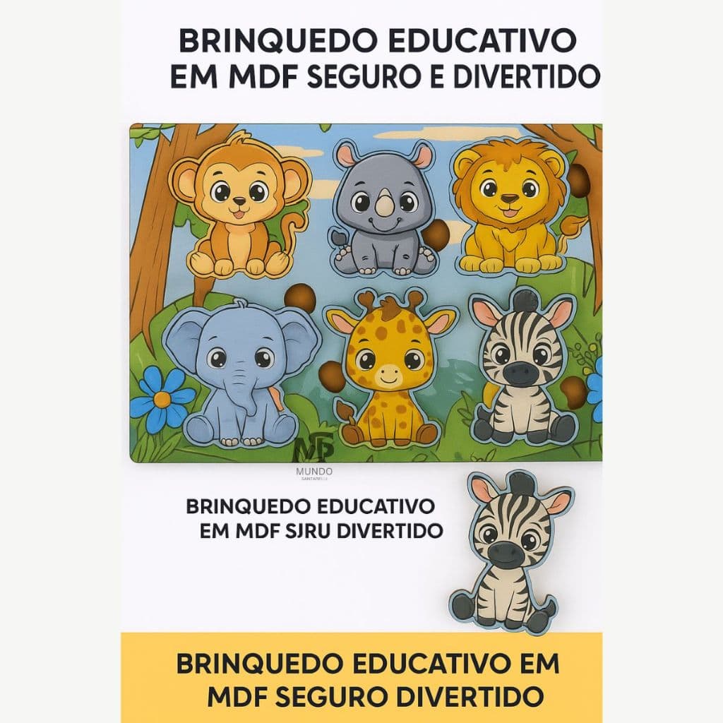 Quebra Cabeça Safari MDF Infantil Educativo Aprendizado Animais Criança Bebe Didático Montessori