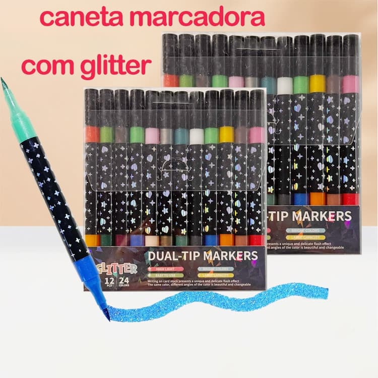 Caneta Marcadora Glitter Dupla Ponta 12/24/36/48 Cores Para Arte Escola Planner Desenho