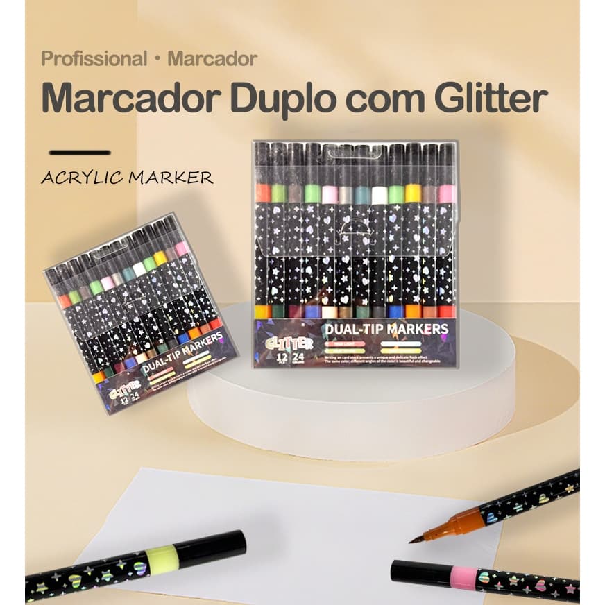 Caneta Marcadora Glitter Dupla Ponta 24/48/72/96 Cores Para Arte Escola Planner Desenho Papelaria