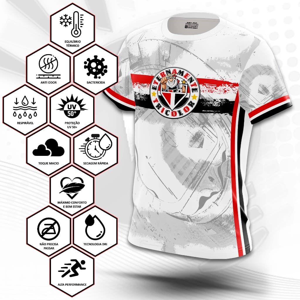 Camiseta camisa Premium  Torcida Futebol Time Tricolor Dry-Fit com Proteção UV 50+