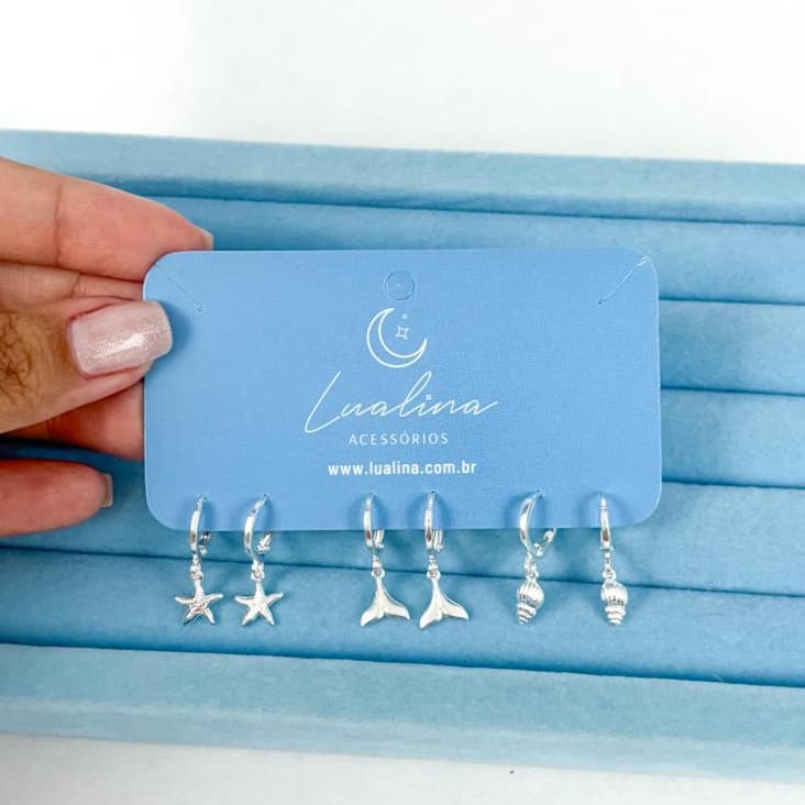 Trio de Mini Argolas Mar - Banhado a Prata - Kit Conjunto de Brincos Feminino Praiano Solar Verão