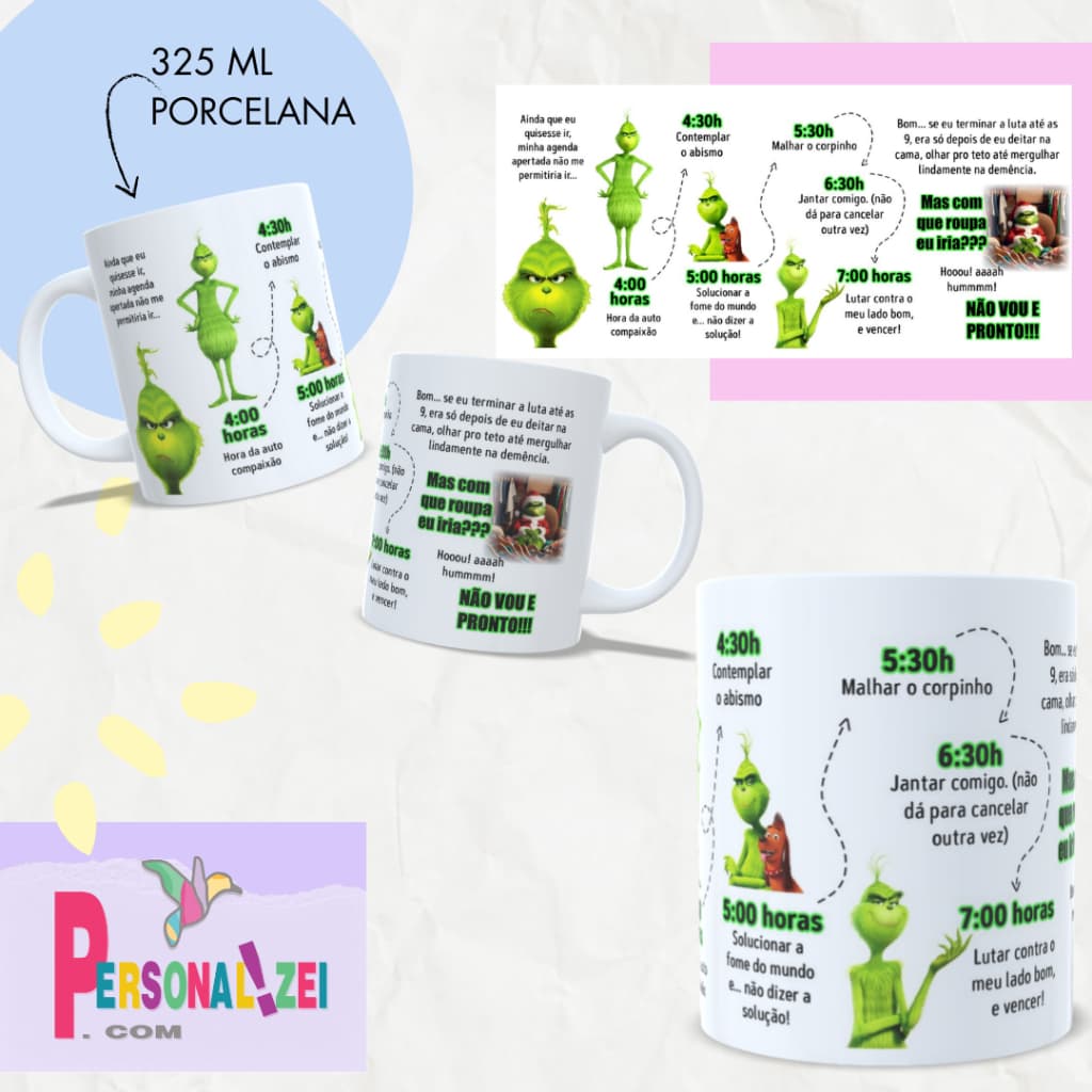 Caneca Porcelana Grinch Natal Xícara Personalizada Grinch Natal Frases Não Vou e Pronto