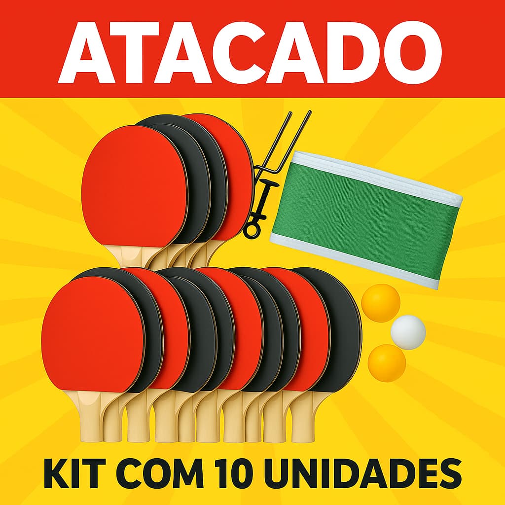 Kit 10 Raquetes com Rede 1,8 Mts Atacado Revenda Ping Pong Tênis de Mesa Com 3 Bolinhas Lembrancinha