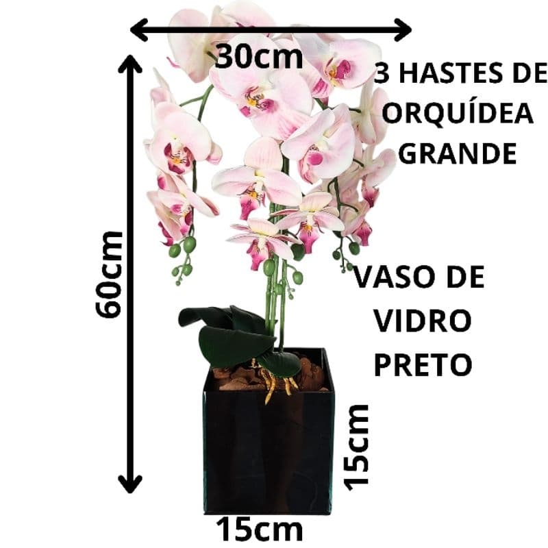 Arranjo grande de orquídea realista silicone 3d 3 hastes com vaso de vidro preto