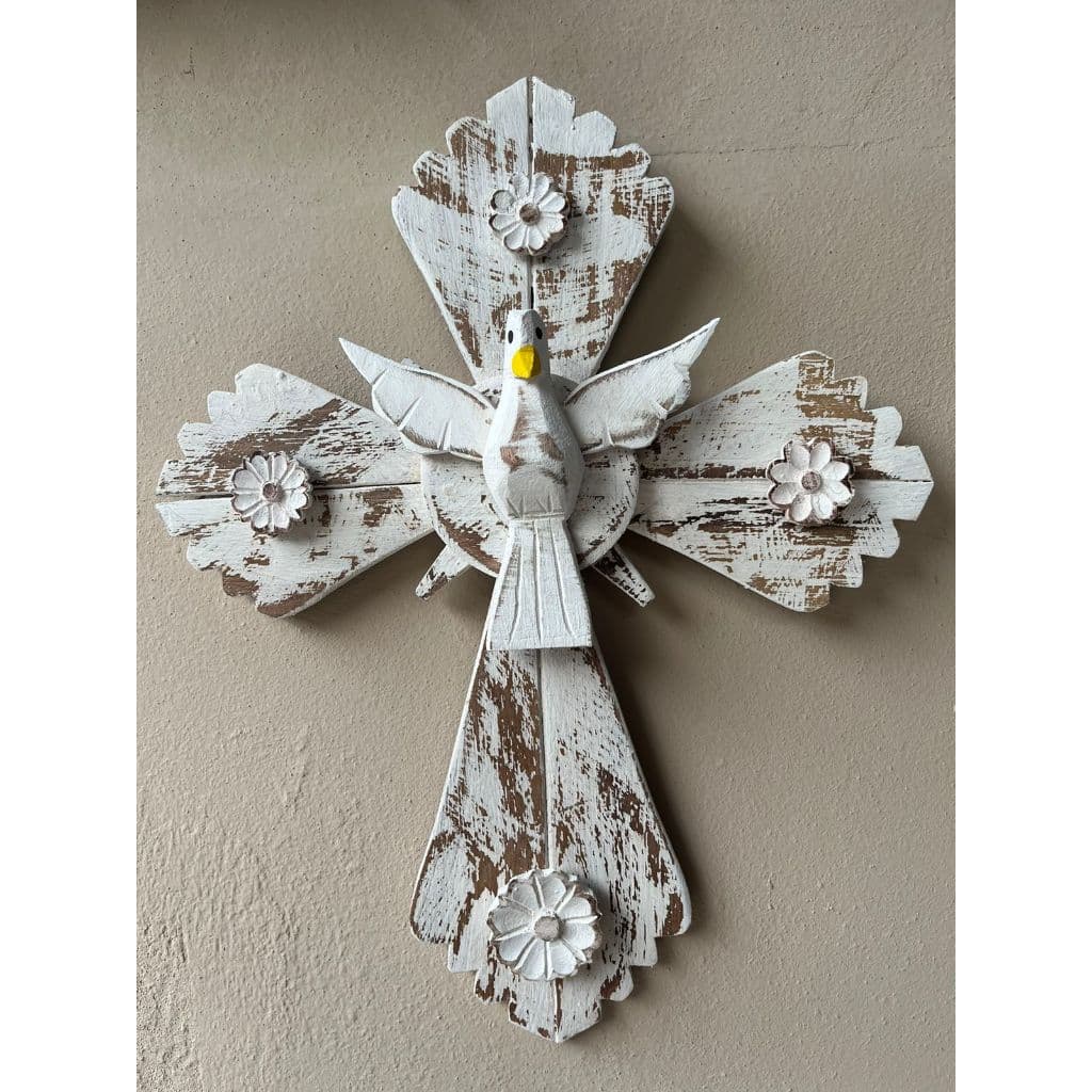 divino espirito santo em cruz rustico em madeira artesanato de minas