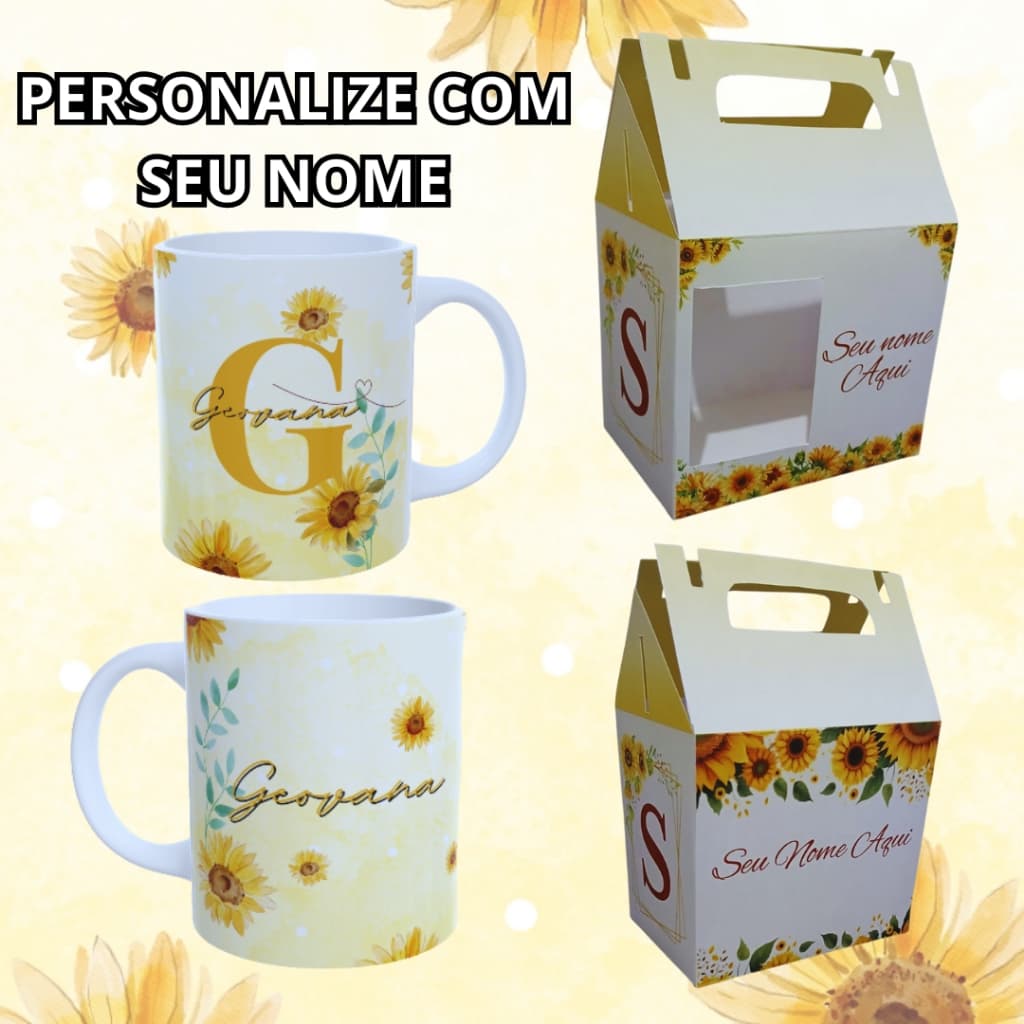 Caneca Com Inicial e Nome Girassol Porcelana Personalizada 325ml Temos Todas as Letras Presentes