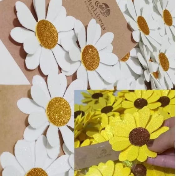 Pacote de Apliques Decorativos de flor de Girassol em EVA com Glitter