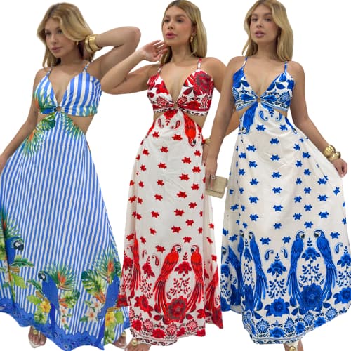 Vestido Longo Feminino Estampado Tropical com Listras Decote V Amarração nas Costas | Moda Praia Verão