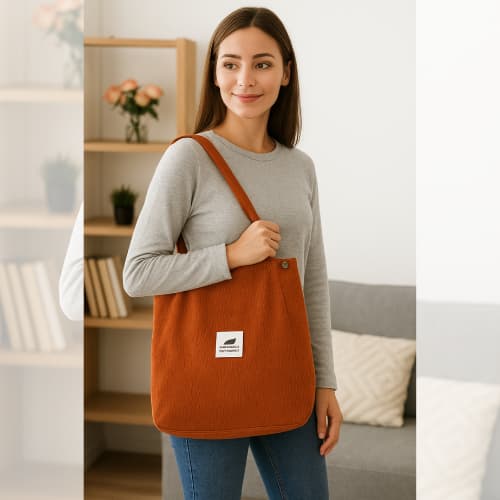 Bolsa Feminina de Ombro Tote Bag Tecido Veludo Cotelê Alça de Ombro Diária Escola Faculdade Academia