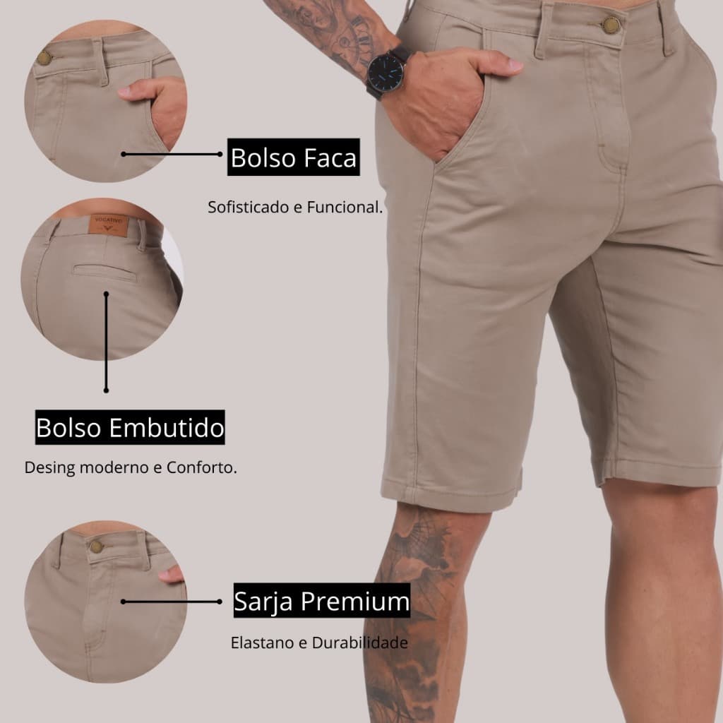 BERMUDA MASCULINA Casual Brim Sarja Sport Fino Com Lycra Elegante