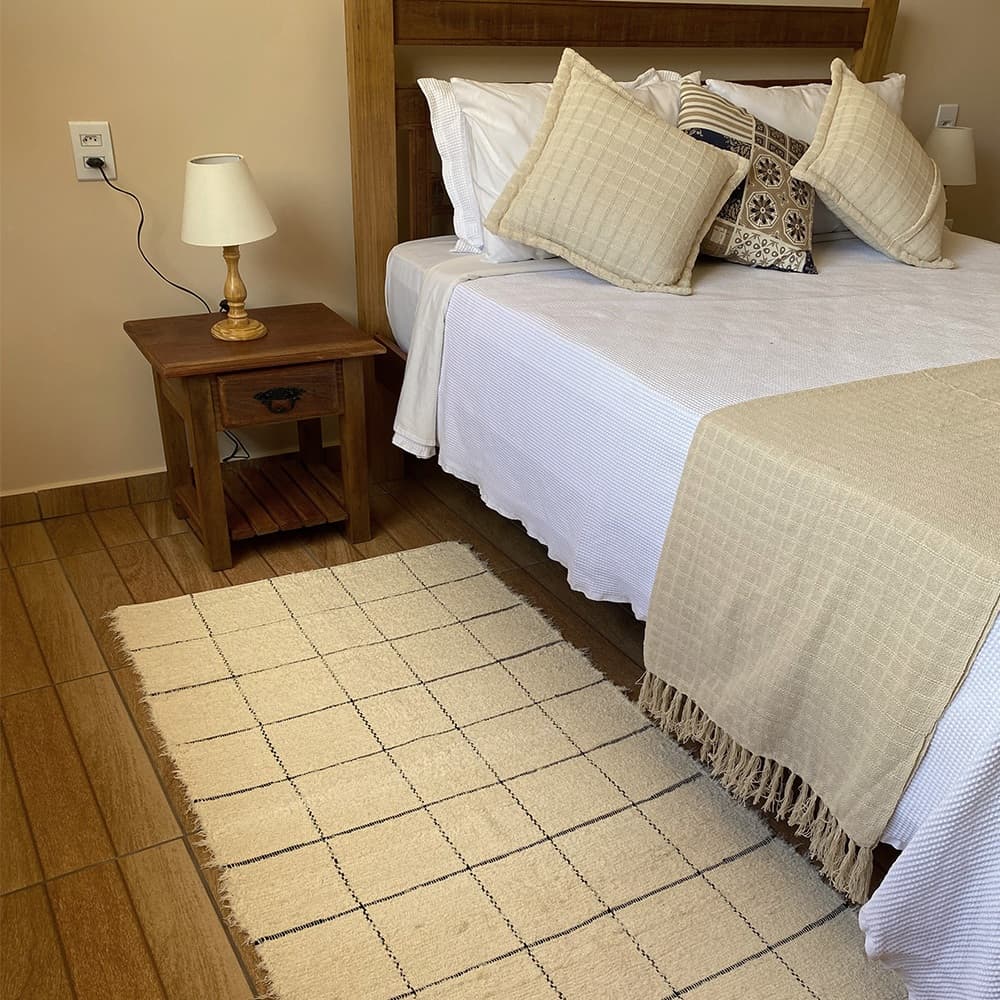 Tapete Vanilla 80x1,50 Bege Beira Cama Tear Algodão Grid Boho