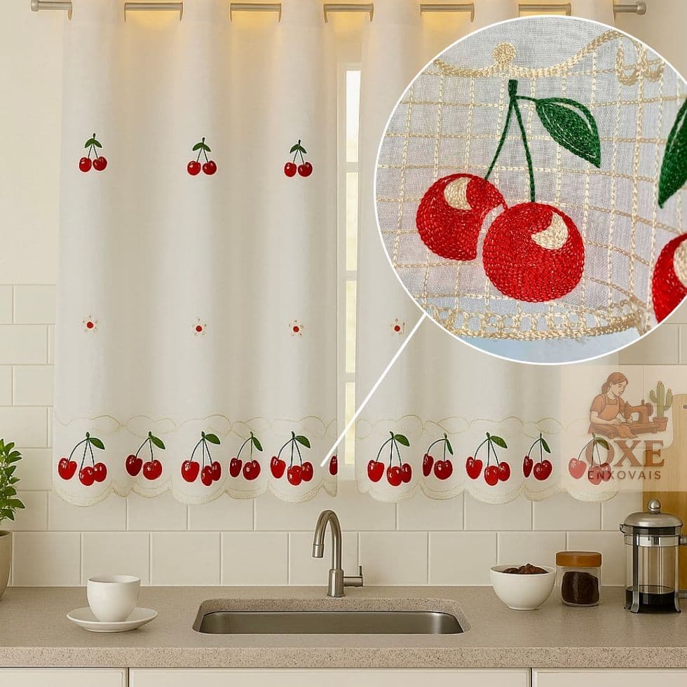 Cortina Cozinha Bordada em Linho 2,50 X 1,25 luxuosa
