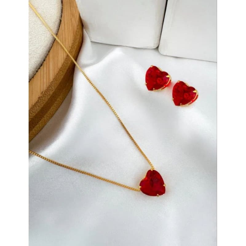 ​Conjunto Colar e Brinco Coração Zircônia Verde Esmeralda - Várias Cores Folheado a Ouro - Acessório Feminino Delicado