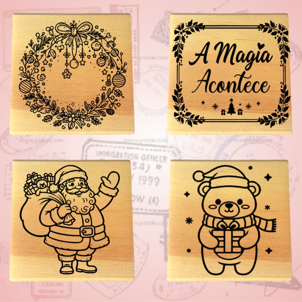 Carimbos de Natal - KIT COM 4 CARIMBOS DE MADEIRA 3x3cm  -
