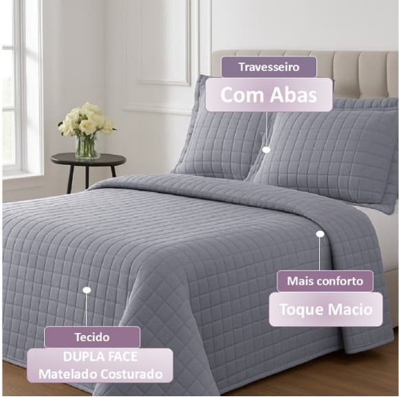 Cobre Leito Queen Kit Com 03 Peças 400 Fios Porta Travesseiro Colcha Casal ATHENAS