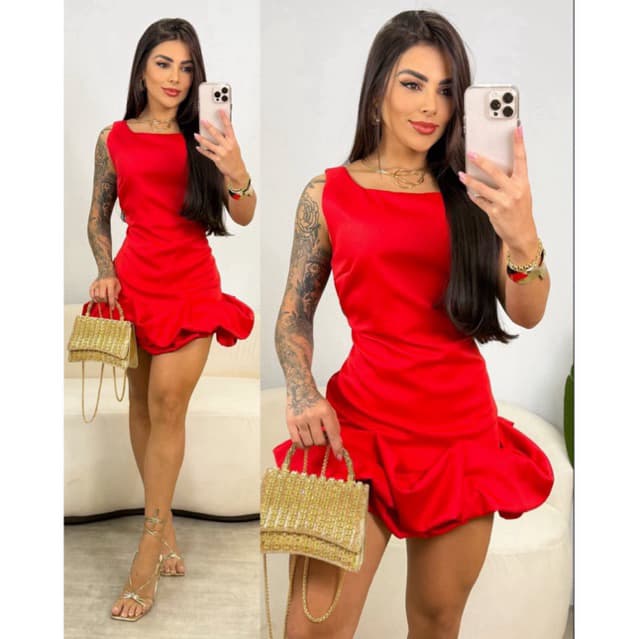 Vestido Feminino Neoprene Elegante Balone com Babados Tendência Moda Gringa Verão Europeu