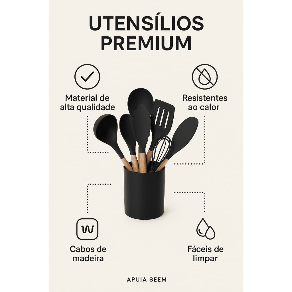 Conjunto de Utensílios de Cozinha em Silicone com Cabo de Madeira e Suporte – 7 Peças Vista Home