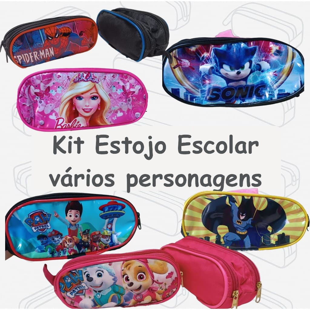 Estojo Escolar  Duplo  kit com  2 estojos com 2 Zíperes Personagens Infantis Meninos e Meninas