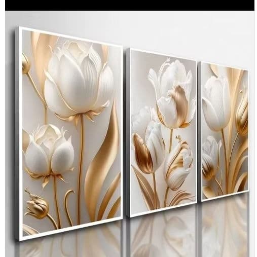 Kit 3 Quadros Luxo Dourado 60x40 cm | Efeito 3D Floral Abstrato | Tríptico Sofisticado Sala de Estar