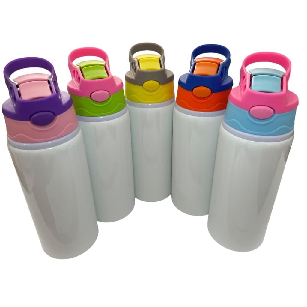 01/2/4 Garrafa Infantil Alumínio 600ml Sublimação Tampa Automática Diversa Cores Caixinha Individual